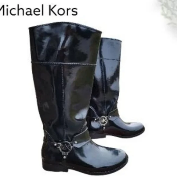 Michael Kors Fulton Tall Riding Harness Boot Black Gloss MK Logo Rain Women 8 - Picture 2 of 11
